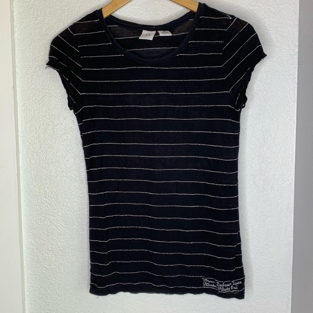 Armani Exchange black silver thread stripe sheer cap sleeve top t shirt Large